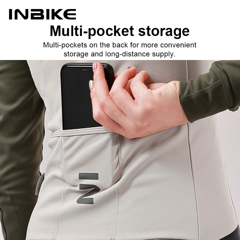 INBIKE Warm Thermal Cycling Jersey Set for Women Comfortable Fleece Road Bike Bib Pants Windproof Road MTB Clothing with Pockets