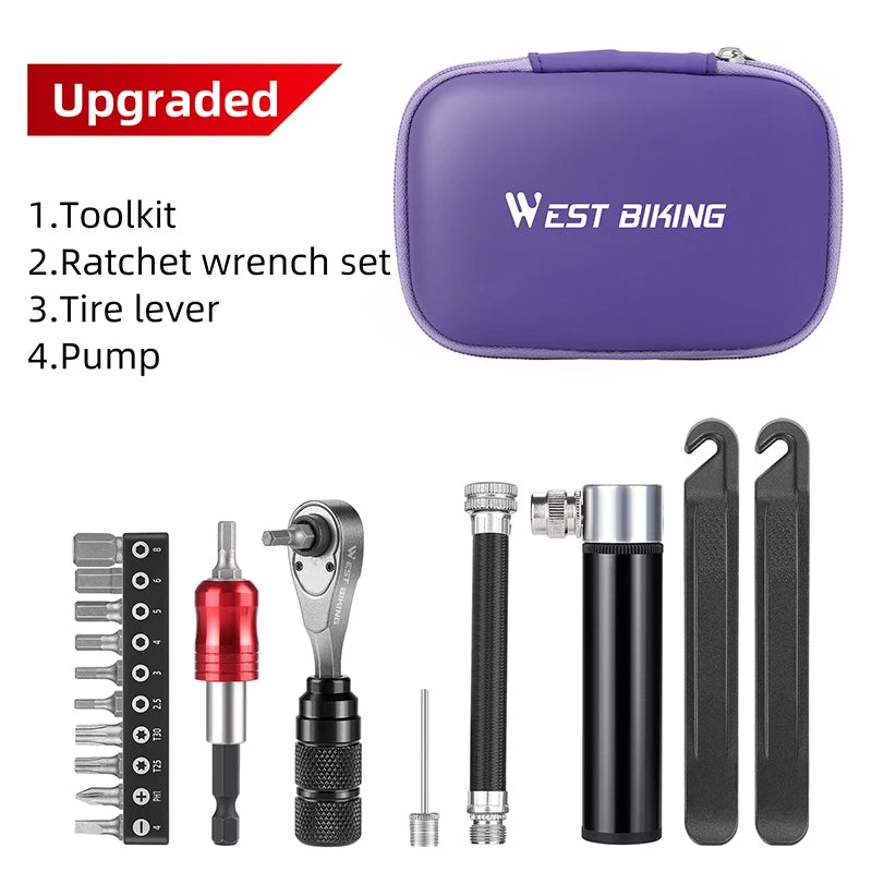 WEST BIKING Multifunctional Toolkit Portable Repair Tool Bag Ratchet Wrench Kit Tire Lever Mini Pump Tools Set Bike Accessories