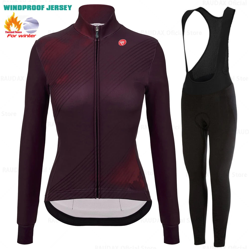 2025 Raudax Women Long Sleeve Jersey Pure Dye Coral Winter Cycling Clothing Outdoor Riding MTB Ropa Ciclismo Velveteen Bike Set