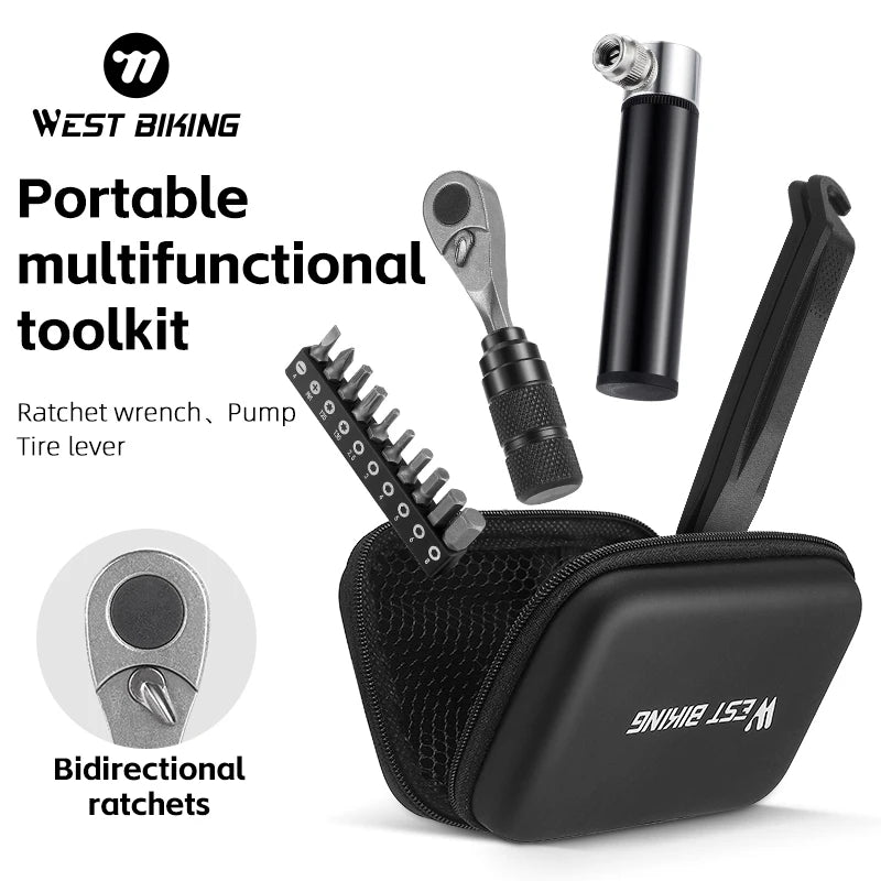 WEST BIKING Multifunctional Toolkit Portable Repair Tool Bag Ratchet Wrench Kit Tire Lever Mini Pump Tools Set Bike Accessories
