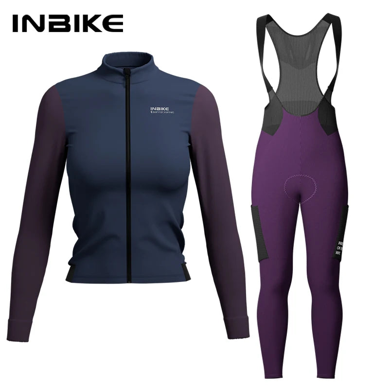 INBIKE Warm Thermal Cycling Jersey Set for Women Comfortable Fleece Road Bike Bib Pants Windproof Road MTB Clothing with Pockets