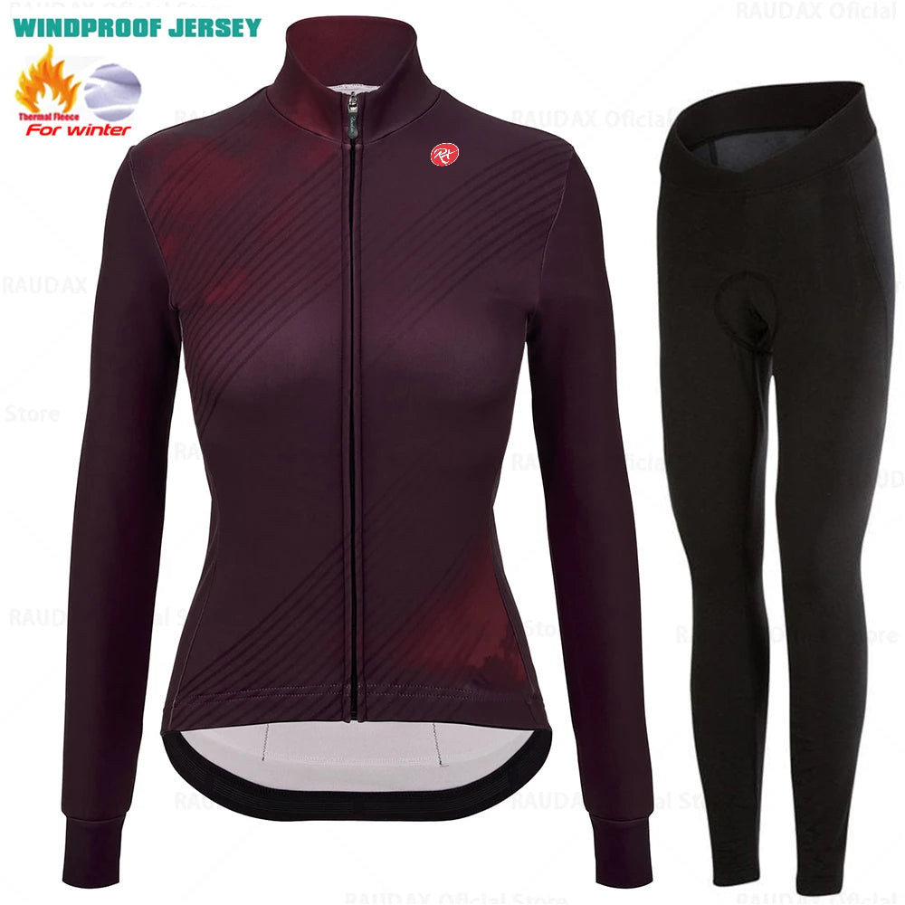 2025 Raudax Women Long Sleeve Jersey Pure Dye Coral Winter Cycling Clothing Outdoor Riding MTB Ropa Ciclismo Velveteen Bike Set