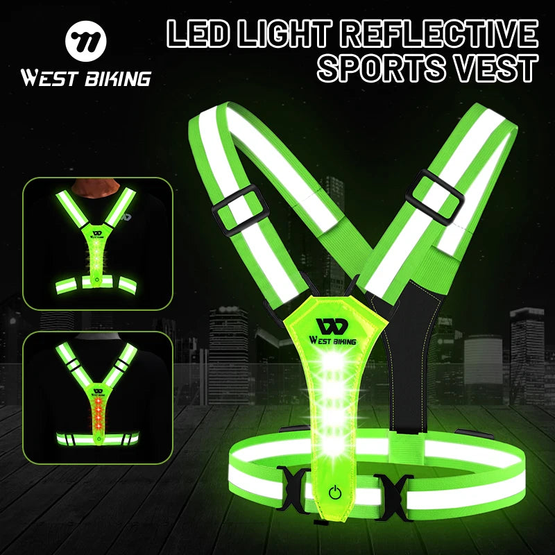 WEST BIKING Safety Warnning Vest LED Running Light USB Charge Adjustable Cycling Vest Night Warning Work Fishing Sports Vest