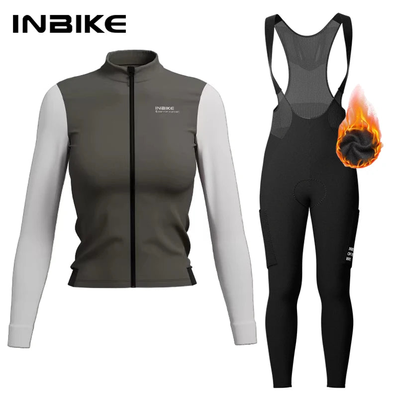 INBIKE Warm Thermal Cycling Jersey Set for Women Comfortable Fleece Road Bike Bib Pants Windproof Road MTB Clothing with Pockets