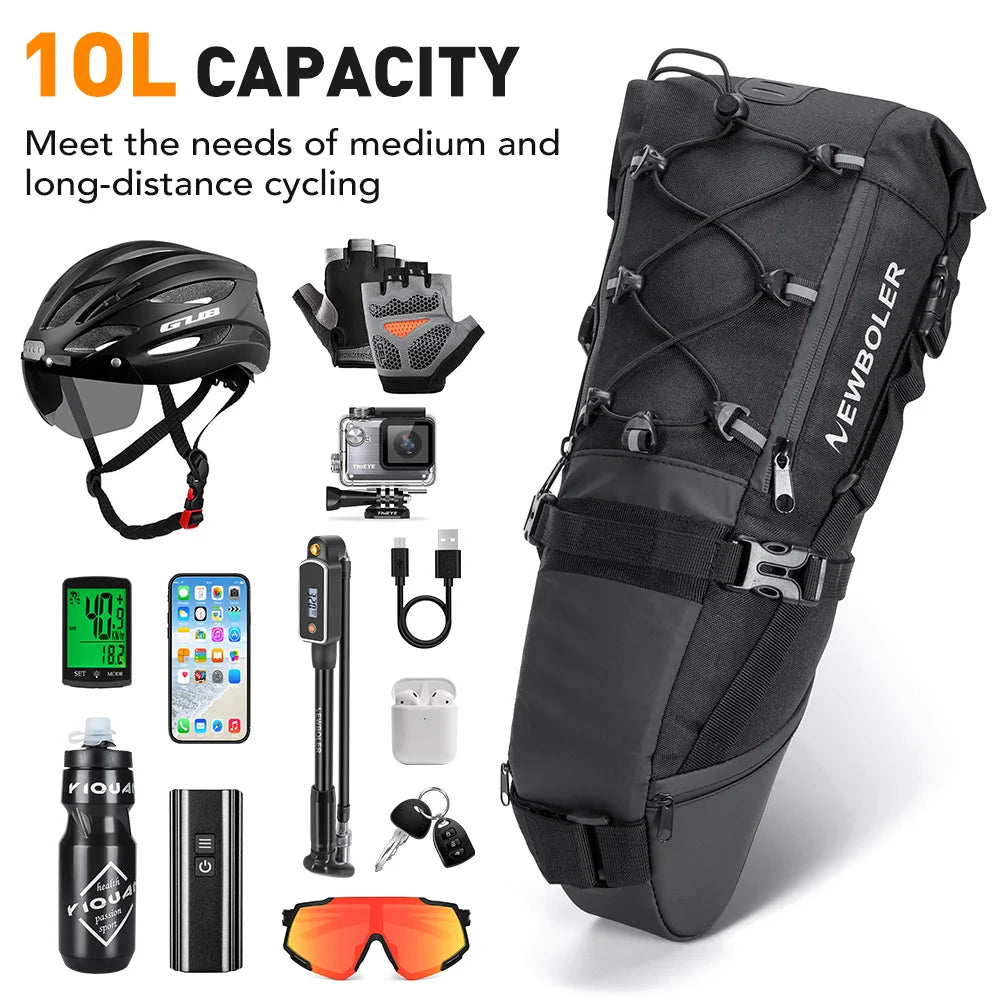 NEWBOLER Bike Saddle Bag Waterproof MTB Road Bicycle 10L Large Capacity Cycling Bag Foldabe Tail Rear Bag Trunk Accessories