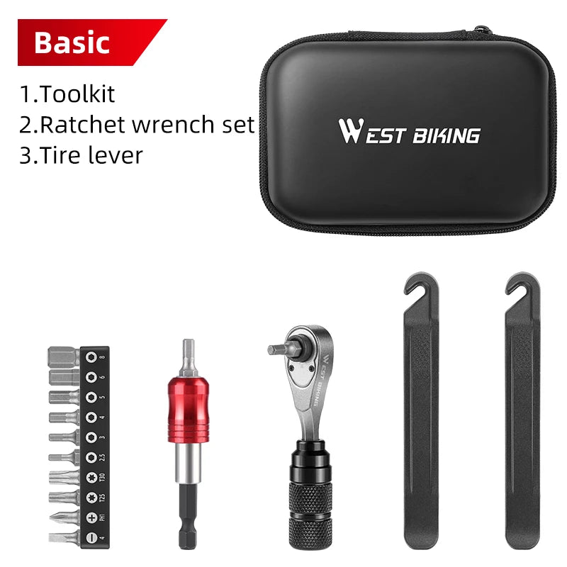 WEST BIKING Multifunctional Toolkit Portable Repair Tool Bag Ratchet Wrench Kit Tire Lever Mini Pump Tools Set Bike Accessories