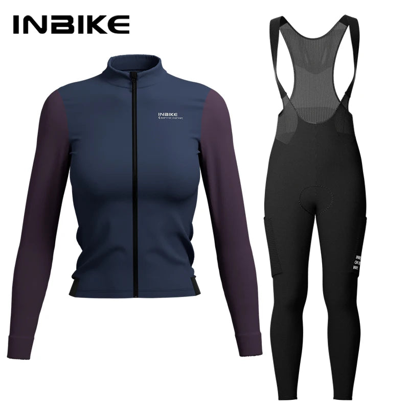 INBIKE Warm Thermal Cycling Jersey Set for Women Comfortable Fleece Road Bike Bib Pants Windproof Road MTB Clothing with Pockets