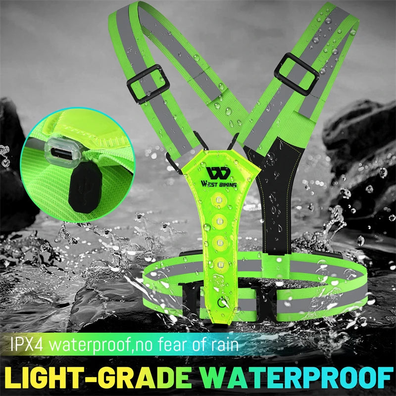 WEST BIKING Safety Warnning Vest LED Running Light USB Charge Adjustable Cycling Vest Night Warning Work Fishing Sports Vest
