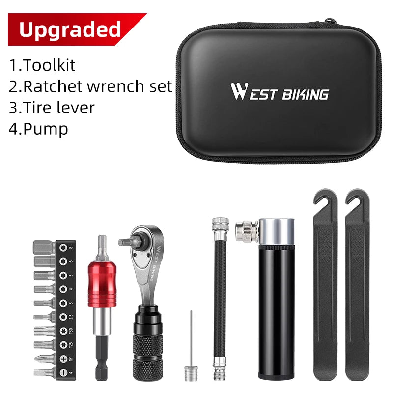 WEST BIKING Multifunctional Toolkit Portable Repair Tool Bag Ratchet Wrench Kit Tire Lever Mini Pump Tools Set Bike Accessories