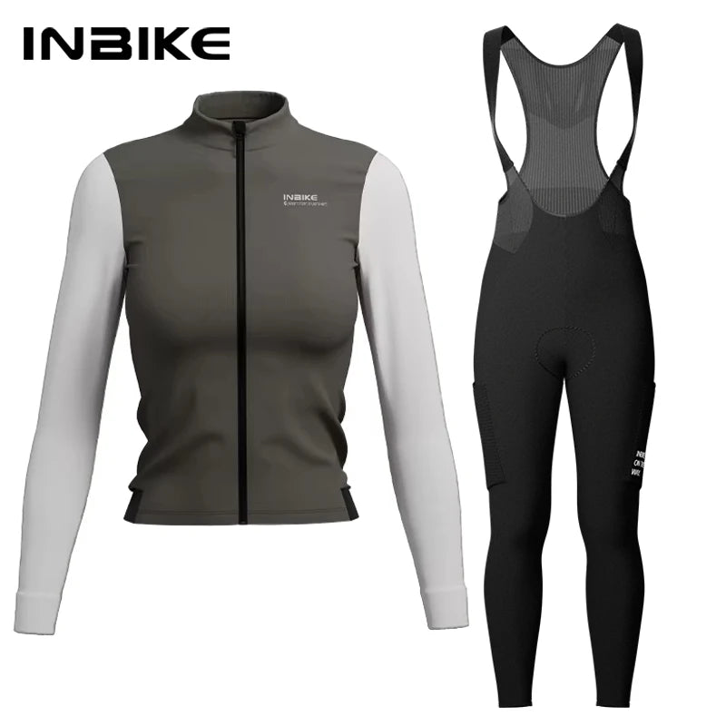 INBIKE Warm Thermal Cycling Jersey Set for Women Comfortable Fleece Road Bike Bib Pants Windproof Road MTB Clothing with Pockets