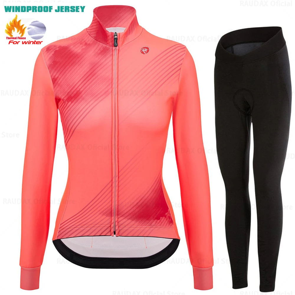 2025 Raudax Women Long Sleeve Jersey Pure Dye Coral Winter Cycling Clothing Outdoor Riding MTB Ropa Ciclismo Velveteen Bike Set