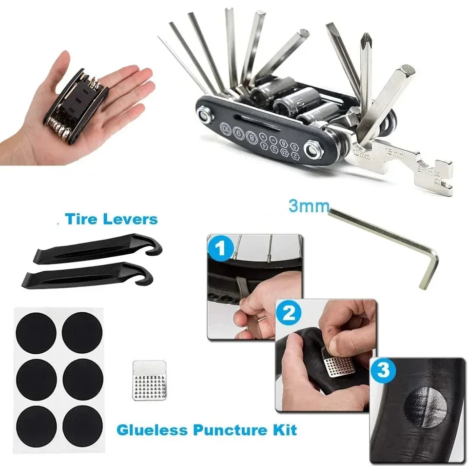 Bicycle Repair Tools Kit Portable Bike Multi Tool Set with Air Pump Tire Patch Kit for Mountain Road Bicycle