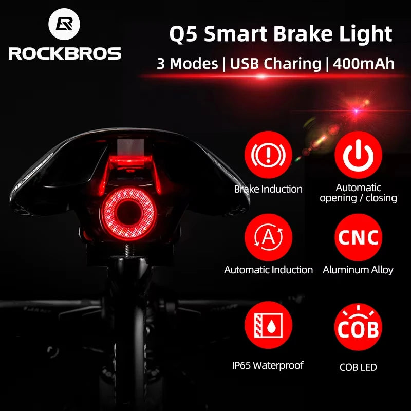 ROCKBROS Local Shipping Q50 Bicycle Light IPx6  Auto Brake Sensing Smart Rear Light USB Charging Taillight Cycling Q5 Flashlight