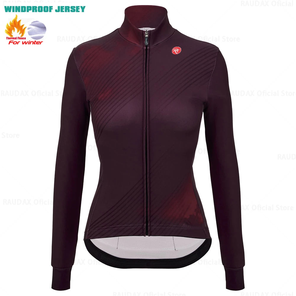 2025 Raudax Women Long Sleeve Jersey Pure Dye Coral Winter Cycling Clothing Outdoor Riding MTB Ropa Ciclismo Velveteen Bike Set