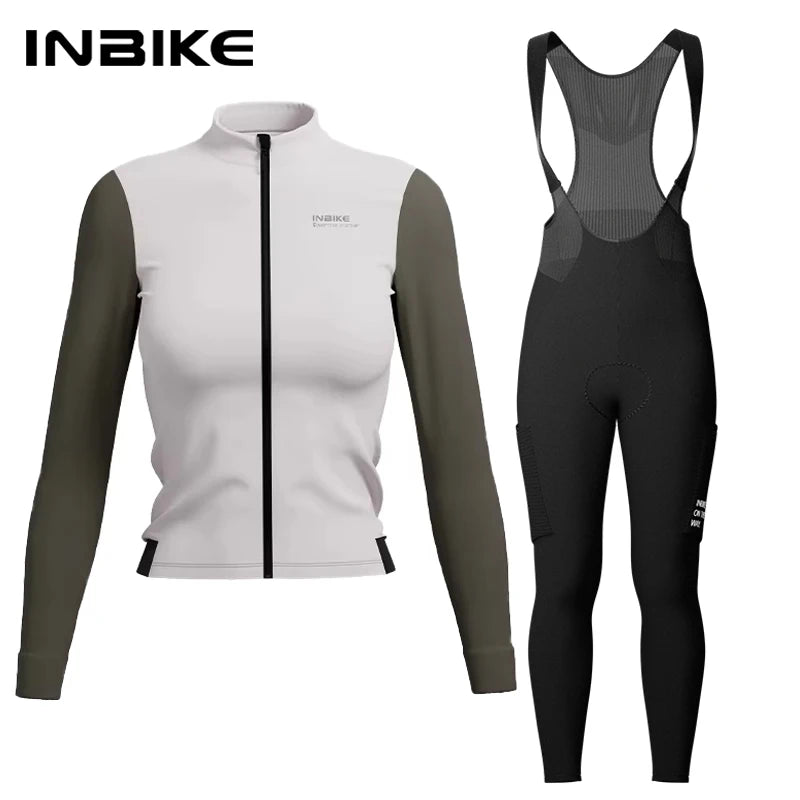 INBIKE Warm Thermal Cycling Jersey Set for Women Comfortable Fleece Road Bike Bib Pants Windproof Road MTB Clothing with Pockets