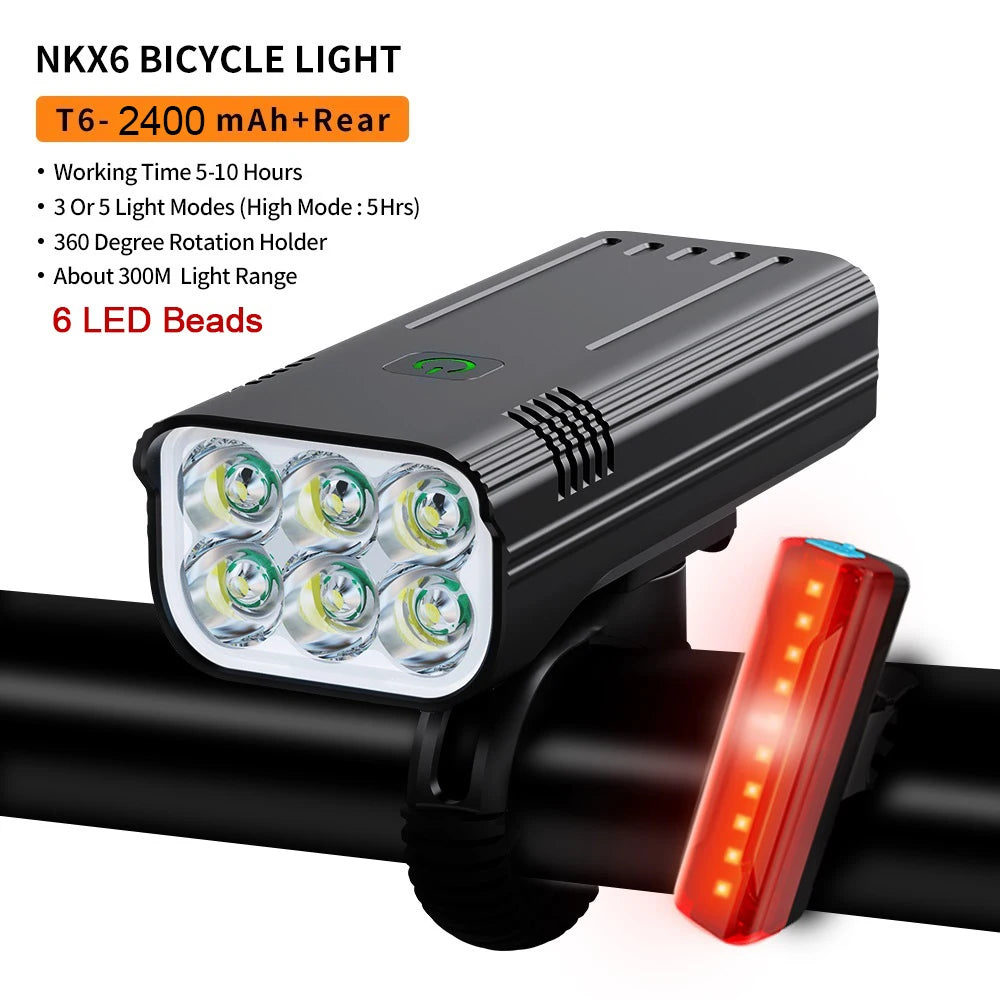 10000mAh 6-8 LED Bike Light USB Rechargeable 3600 Lumens Bike Headlight Super Bright Flashlight Front Lights and Back Rear light