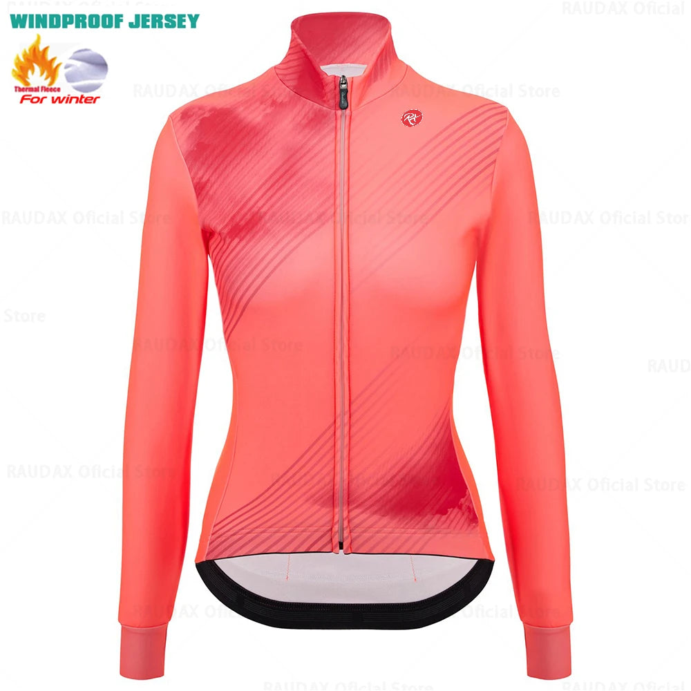 2025 Raudax Women Long Sleeve Jersey Pure Dye Coral Winter Cycling Clothing Outdoor Riding MTB Ropa Ciclismo Velveteen Bike Set