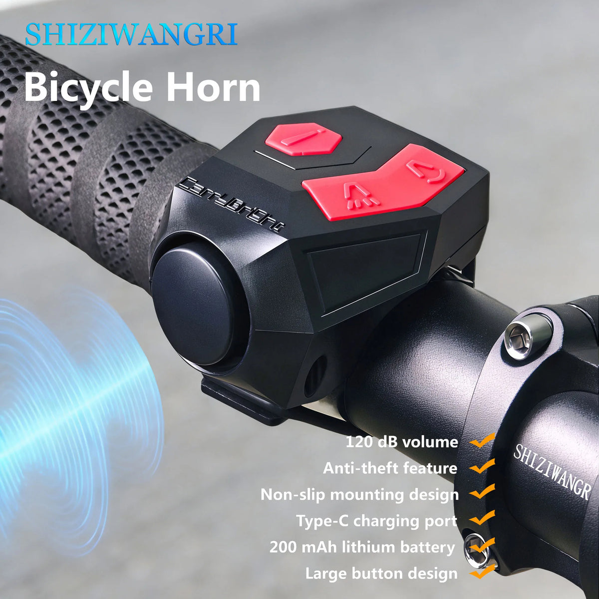 SHIZIWANGRI 120dB Bicycle Electronic Horn Anti-theft Alarm Type-C Rechargeable 200mAh Bike Bell Waterproof MTB Road Cycling Handlebar Warning Horn