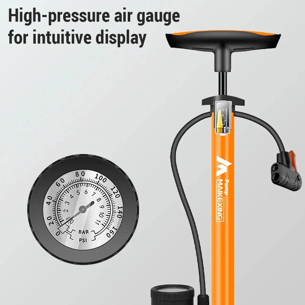 Bike Pump 160PSI Portable Gauge Airpump Inflator with 3-in-1 Nozzle Schrader Presta Valve Mountain Road Ball Bicycle Accessories