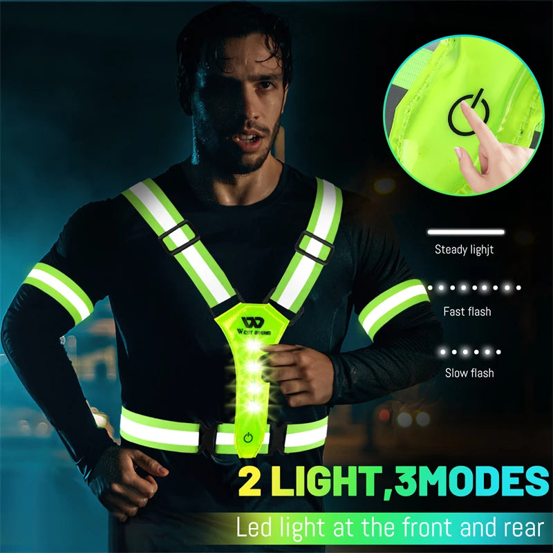 WEST BIKING Safety Warnning Vest LED Running Light USB Charge Adjustable Cycling Vest Night Warning Work Fishing Sports Vest