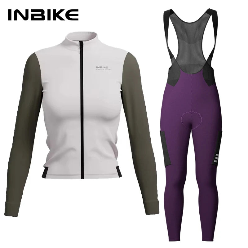 INBIKE Warm Thermal Cycling Jersey Set for Women Comfortable Fleece Road Bike Bib Pants Windproof Road MTB Clothing with Pockets